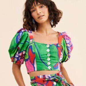 New FARM Rio Tropical Bunch Crop Green Multicolor Puff Sleeve Blouse